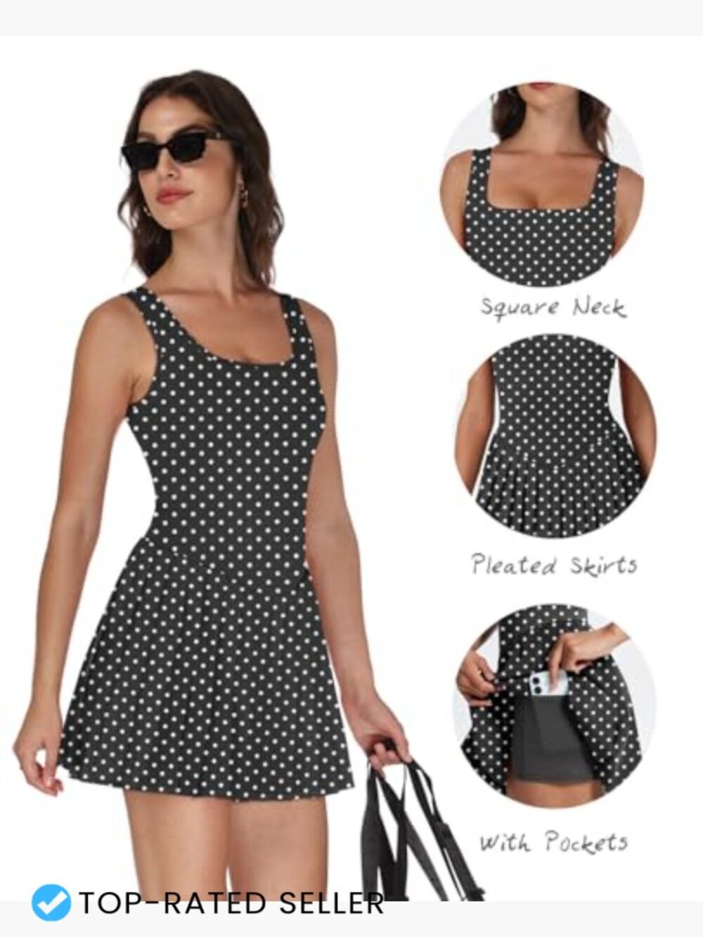 Built-In Shorts Tennis Dress U Neck Pleated Sleeveless Athletic Golf Dress View 3